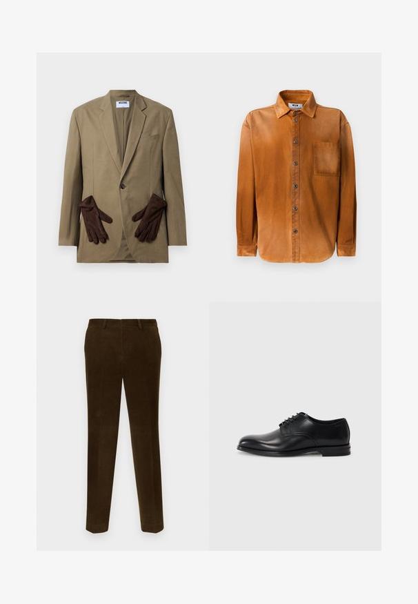 Khaki blazer med enkelt knap, v-formede slag og to frontlommer. Brune handsker placeret i lommen. Glat stof, struktureret design.; Brun langærmet skjorte med knaplukning og krave samt brystlomme, præsenteret mod en ensfarvet hvid baggrund.; Brune kordfløjtede bukser med vertikal ribdetekstur, lige ben-design, to sidelommer og subtile bælteløkker i taljen.; Sorte læderherresko med rund tå, snørebåndsdesign, glat overflade og en lavprofil gummisål. Minimal syning detaljer.