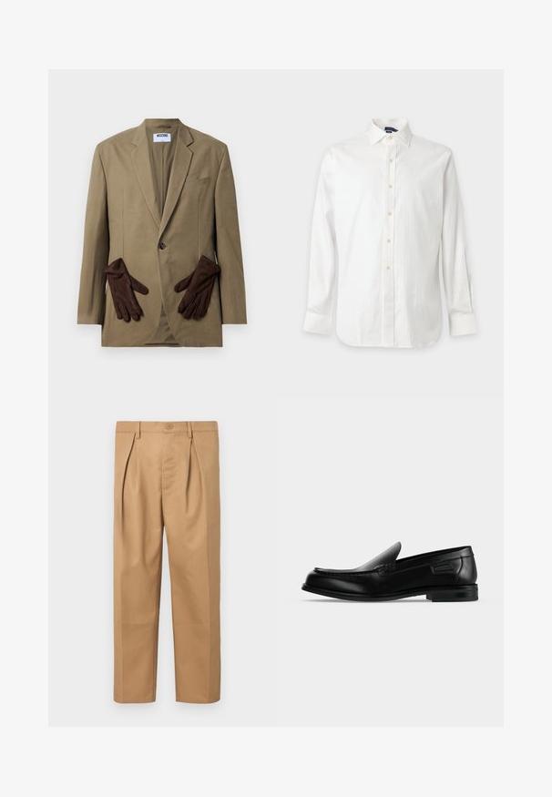 Khaki-Blazer mit einem einzigen Knopf, mit Revers und zwei Vordertaschen. Braune Handschuhe im Taschenfach platziert. Glattes Material, strukturierter Schnitt.; Weißes langärmliges Hemd mit Kragen und beigen Knöpfen, vor einem schlichten hellen Hintergrund dargestellt.; Beige Baumwollhose mit lässigem Schnitt, gefälteter Gestaltung, Taillengummi mit Knopfverschluss und geradem Bein. Glatte Textur ohne Muster.; Schwarzer Leder-Slipper mit niedrigem Absatz, abgerundeter Spitze und dekorativer Naht entlang der oberen Kante.
