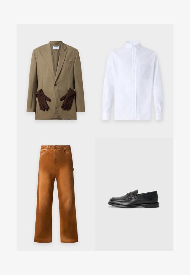 Khaki blazer med enkelt knap, v-formede slag og to frontlommer. Brune handsker placeret i lommen. Glat stof, struktureret design.; Hvid langærmet skjorte med knapper lavet af bomuld, med en brystlomme med tonal broderi, krave og knapmanchetter.; Brune vidde bukser med frontlommer, bæltestropper og en hammerstrop på højre side mod en ensfarvet baggrund.; Sorte læder loafers har en afrundet tå, syede detaljer og en lille gylden accent foran. Sålen er flad og diskret.