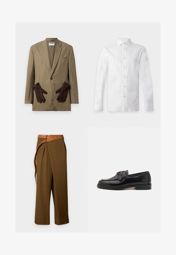 Khaki blazer med enkelt knap, v-formede slag og to frontlommer. Brune handsker placeret i lommen. Glat stof, struktureret design.; Hvid langærmet skjorte med beige knapper, spids krave og knappede manchetter, vist fladt på en lys baggrund.; Brune vidde bukser med høj talje og et tekstureret tanbælte stukket gennem linningen på en ensfarvet baggrund.; Sorte læder loafers med rund tå og en dekorativ spændeaccent. Flad, solid hæl og glat tekstur hele vejen igennem.