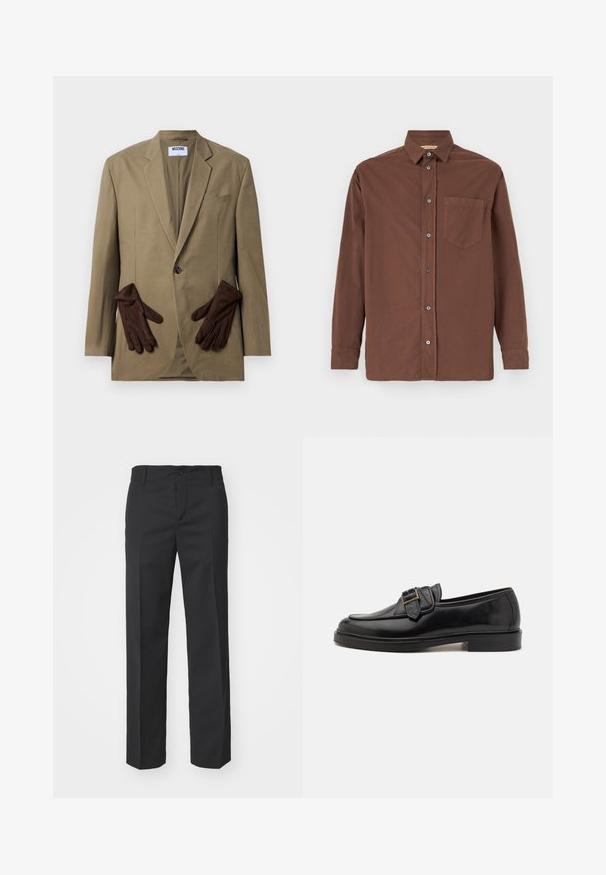 Khaki-Blazer mit einem einzigen Knopf, mit Revers und zwei Vordertaschen. Braune Handschuhe im Taschenfach platziert. Glattes Material, strukturierter Schnitt.; Braunes Hemd mit Knopfleiste, Kragen, langen Ärmeln, einer einzelnen Brusttasche und grauen Knöpfen, hergestellt aus einem strukturierten Stoff.; Filippa K TROY TROUSERS - Stoffhose - black; Schwarze Leder-Lederschuhe mit abgerundeter Zehenpartie und dekorativem Schnallenakzent. Flacher, solider Absatz und durchgehend glatte Oberfläche.