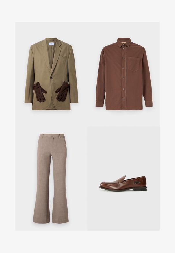 Khaki-Blazer mit einem einzigen Knopf, mit Revers und zwei Vordertaschen. Braune Handschuhe im Taschenfach platziert. Glattes Material, strukturierter Schnitt.; Braunes Hemd mit Knopfleiste, Kragen, langen Ärmeln, einer einzelnen Brusttasche und grauen Knöpfen, hergestellt aus einem strukturierten Stoff.; Beige ausgestellte Hosen aus einem strukturierten Stoff, mit einem Reißverschluss und seitlichen Taschen für Funktionalität. Maßgeschneiderter Schnitt.; Stuart Weitzman BURT - Slipper - auburn