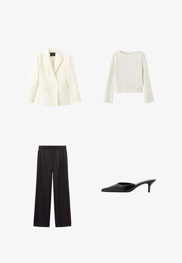 Mango Blazer - ecru; Off-white long-sleeve sweater with a wide round neckline and slightly flared sleeves, made from soft knit fabric.; Black wide-leg pants with elastic waistband and side pockets, made of smooth fabric designed for comfort and casual wear.; Black leather pointed-toe mule with a low, slim heel and backless slip-on design.