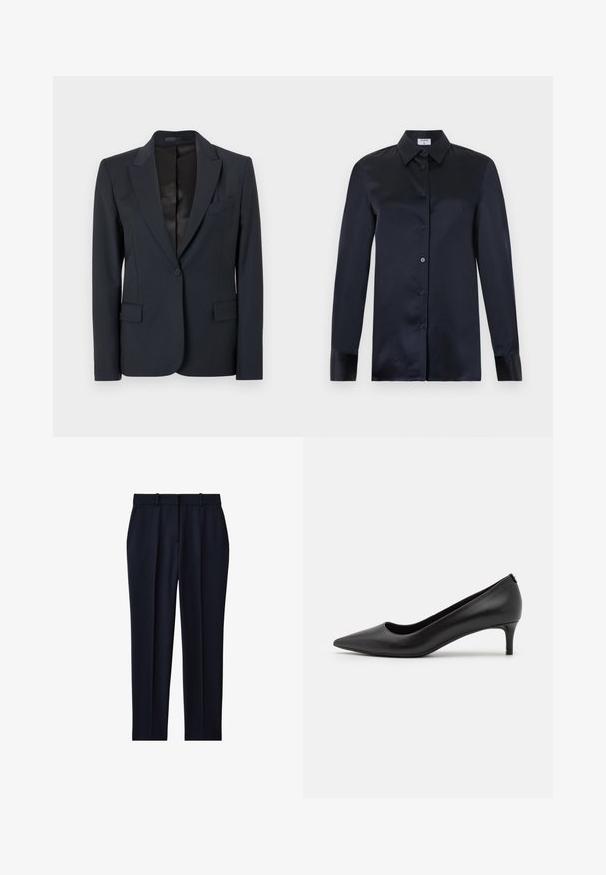 Mørkeblå blazer med en struktureret design, med både klappeslag, enkeltknaplukning og to forsæde lommer. Glat stof med en subtil tekstur.; Sort langærmet silke-bluse med spids krave, knappelukning foran og manchetærmer, vist på en ensfarvet lys baggrund.; Marineblå skræddersyede bukser med bæltestropper, sidelommer, forreste presning og lige ben pasform.; Sort læder pump med spids tå og lav hæl. Glat tekstur, slankt design og subtil detaljering ved hælen.