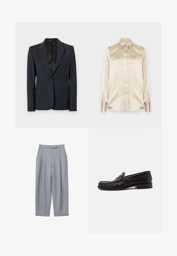 Mørkeblå blazer med en struktureret design, med både klappeslag, enkeltknaplukning og to forsæde lommer. Glat stof med en subtil tekstur.; Beige satin skjorte med spids krave, lange ærmer, knaplukning og manchetter i en lidt glattere finish. Ingen mønstre eller detaljer.; Grå bukser med skræddersyet design, der har plisseringer, sidelommer og med lige ben. Glat tekstur og midtalje med normal højde.; Sort herre loafer i læder med rund tå, syninger, lav hæl og et lille metalemblem på øverste front.