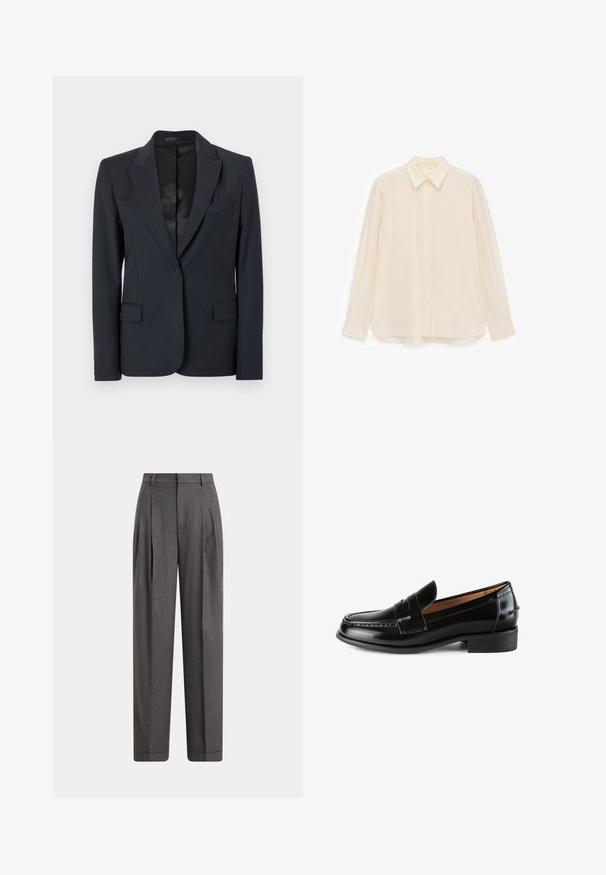 Blazer bleu navy foncé avec un design structuré, des revers crantés, une fermeture à un seul bouton et deux poches avant. Tissu lisse avec une texture subtile.; Chemise boutonnée de couleur crème en tissu lisse, dotée d'un col, de manches longues et d'un ourlet légèrement arrondi.; Pantalon sur mesure gris foncé taille haute avec plis à l'avant, passants de ceinture, poches latérales et jambes larges et droites.; L37 GOOD ADVICE - Chaussons - black
