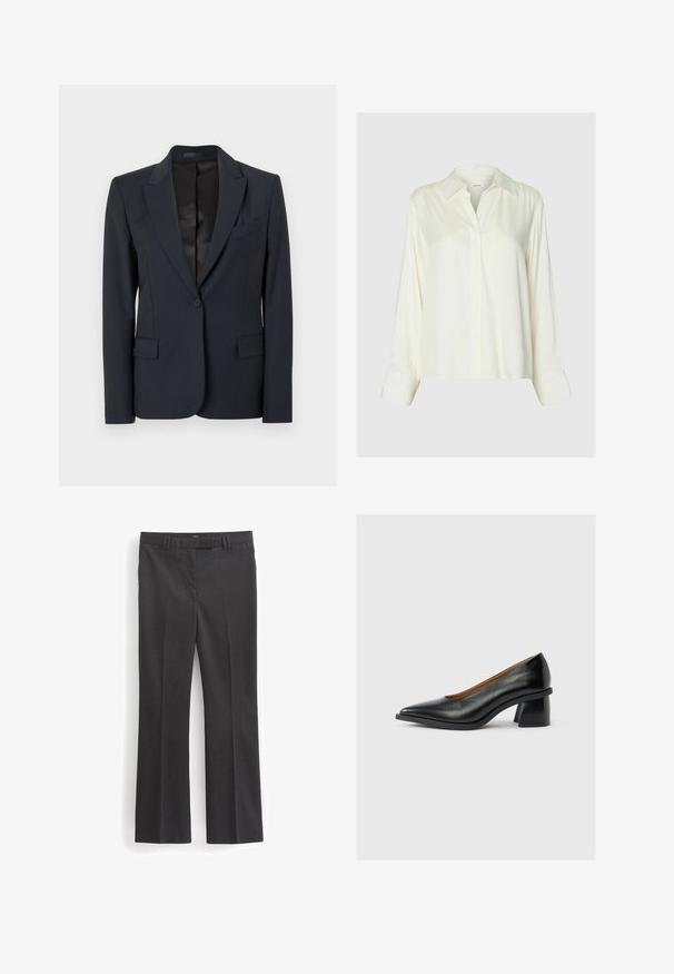 Mørkeblå blazer med en struktureret design, med både klappeslag, enkeltknaplukning og to forsæde lommer. Glat stof med en subtil tekstur.; Langærmet hvid satinbluse med klassisk krave og skjult knaplukning foran, vist på en ensfarvet lysegrå baggrund.; Next TAILORED - Chino - grey; Sort læderpumps med lav hæl, spids tå og unik flaret blokhælkappe på en ensartet lysegrå baggrund.