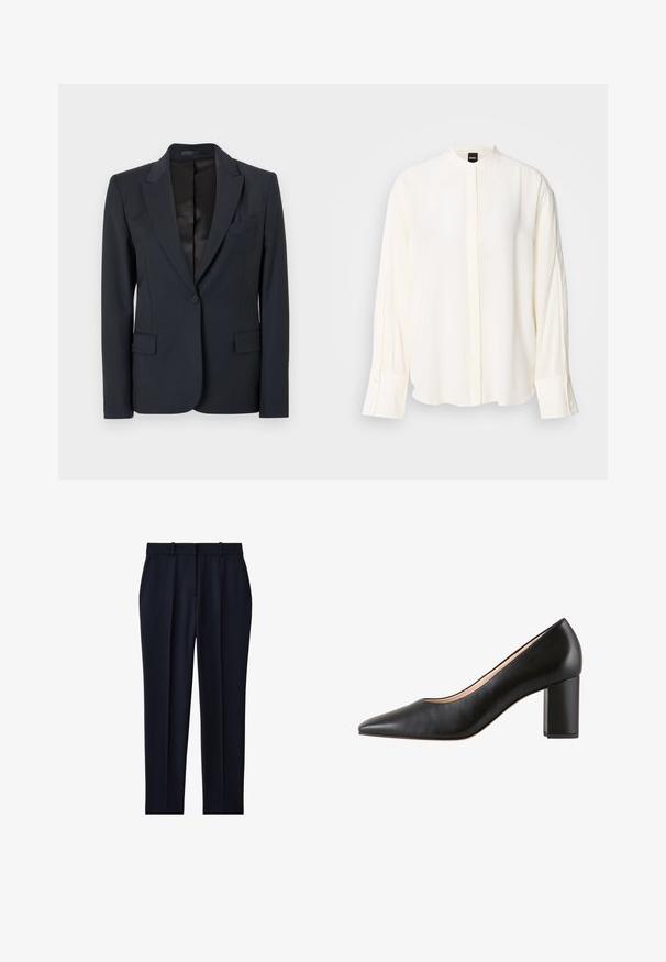 Mørkeblå blazer med en struktureret design, med både klappeslag, enkeltknaplukning og to forsæde lommer. Glat stof med en subtil tekstur.; Langærmet, cremefarvet bluse lavet af glat stof; mandarin-krave, forflap, knappede ærmekanter og en afslappet pasform.; Marineblå skræddersyede bukser med bæltestropper, sidelommer, forreste presning og lige ben pasform.; Högl RACHEL - Pumps - schwarz