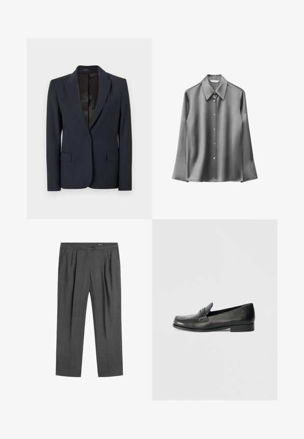 Mørkeblå blazer med en struktureret design, med både klappeslag, enkeltknaplukning og to forsæde lommer. Glat stof med en subtil tekstur.; Grå satinlangærmet skjorte med spids krave, knaplukning og udvidede manchetter. Glat tekstur med en diskret glans.; Mørkegrå skræddersyede bukser med forreste læg, sidelommer, knap i taljen og lynlås.; Sorte læder loafers med en rund tå, forhøjede syningsdetaljer og en lav, stablet hæl. Glat tekstur med en subtil glans.