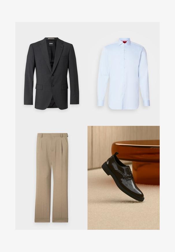 Dunkelgrauer Blazer mit klassischem Revers, zwei Fronttaschen, einknöpfigem Verschluss und subtil strukturiertem Stoff. Das Innenfutter ist schwarz.; Helleblaue Langarmbluse mit Button-Down-Kragen, abgerundetem Saum und weißen Knöpfen. Glattes Material mit einem subtilen Glanz.; Beige Hosen aus leichtem Stoff, mit einem geraden Schnitt, doppelten Falten und umgeschlagenen Säumen für eine lässige Passform.; Schwarzer glänzender Lederschnürschuh, der über einem beigen Teppich mit einem glänzenden braunen runden Tisch im Hintergrund schwebt.