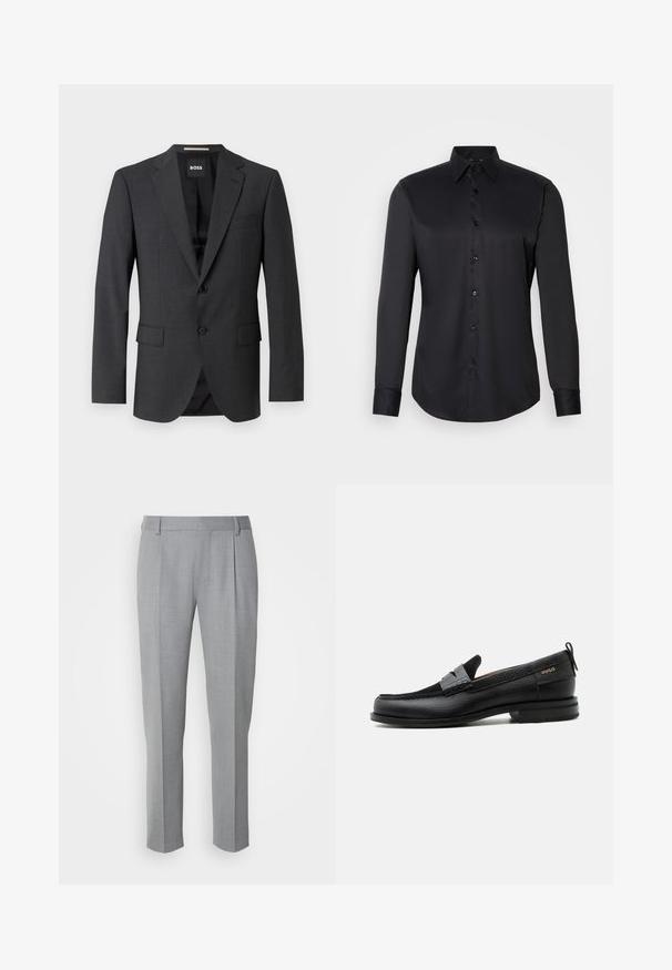 Mørkegrå blazer med klassisk notch-lapel, to forlommer, enkeltknaplukning og subtilt tekstureret stof. Indersiden er sort.; Sort skjorte med knaplukning, lavet af glat stof, med klassisk krave, lange ærmer og knaplukning foran.; Grå skræddersyede bukser med en glat tekstur, som har en flad front, lige ben og diskrete folder for ekstra detalje.; Sort læderloafer med grå remdetalje, lav hæl og tekstureret sål, mærket med "HUGO" i guld på siden.