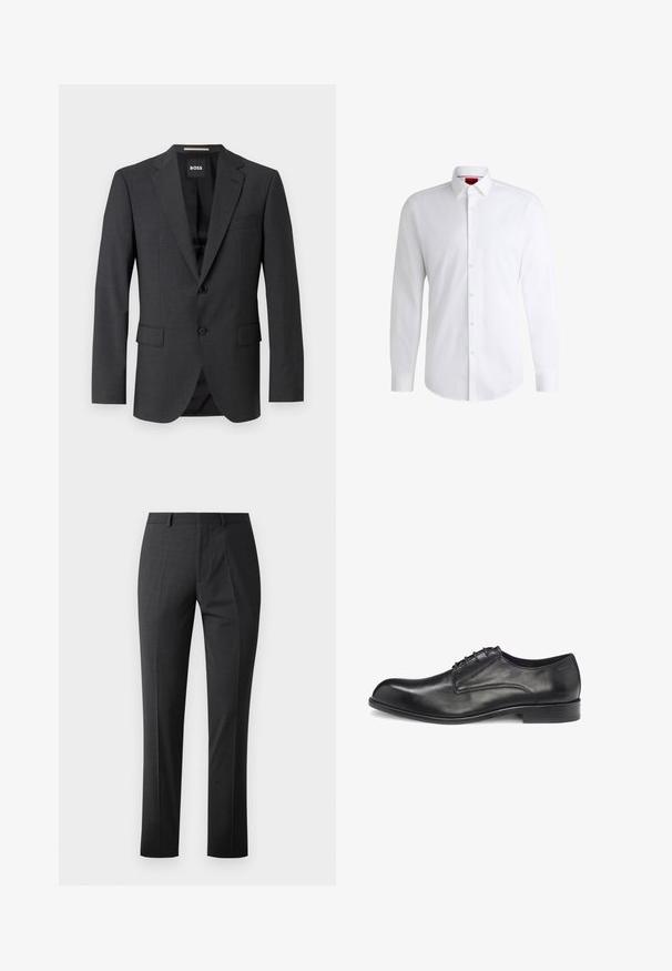 Dunkelgrauer Blazer mit klassischem Revers, zwei Fronttaschen, einknöpfigem Verschluss und subtil strukturiertem Stoff. Das Innenfutter ist schwarz.; Weißes Herrenhemd aus glattem Stoff mit klassischem Kragen, langen Ärmeln und abgerundetem Saum. Mit eleganten beigen Knöpfen an der Vorderseite.; Maßgeschneiderte dunkelgraue Hose mit glatter Textur, schlankem Schnitt, flachem Frontdesign und normalem Bund. Verfügt über gepresste Falten und keine sichtbaren Muster.; Schwarzer Leder-Schnürschuh mit glatter Oberfläche, rundem Zehenbereich, minimalen Nähten und flacher Gummisohle. Seitlich befindet sich das Markenlogo.