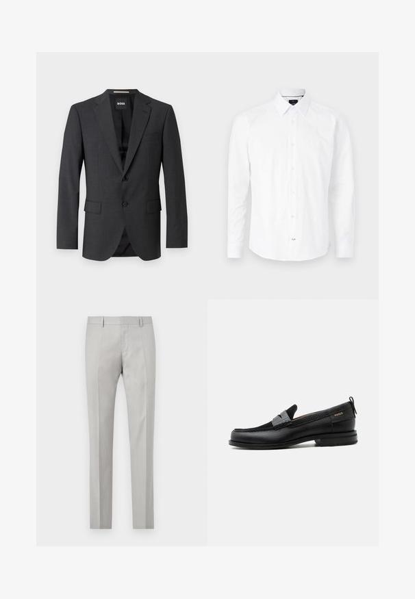 Mørkegrå blazer med klassisk notch-lapel, to forlommer, enkeltknaplukning og subtilt tekstureret stof. Indersiden er sort.; Hvid langærmet skjorte lavet af bomuld. Har en knap-ned krave, frontlukning med knapper i pink og buet bund.; Lys grå skræddersyede bukser med en glat tekstur, flad front og to sidelommer. Har lige ben og subtile plissé-detaljer.; Sort læderloafer med grå remdetalje, lav hæl og tekstureret sål, mærket med "HUGO" i guld på siden.