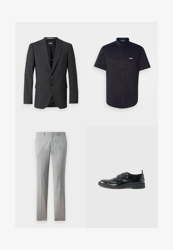 Blazer gris foncé avec un revers classique, deux poches avant, fermeture à un bouton et un tissu texturé subtil. L'intérieur est noir.; Chemise noire à manches courtes avec boutons, en coton, dotée d'un col classique, d'une coupe régulière, et d'un logo "BOSS" blanc brodé sur la poitrine.; Pantalons gris ajustés en tissu lisse, avec un motif à carreaux fin, des jambes droites et des passants de ceinture. Pas de poches visibles.; Chaussure habillée en cuir noir brillant avec un petit talon, fermeture à lacets et bout rond, vue de côté sur un fond uni et clair.