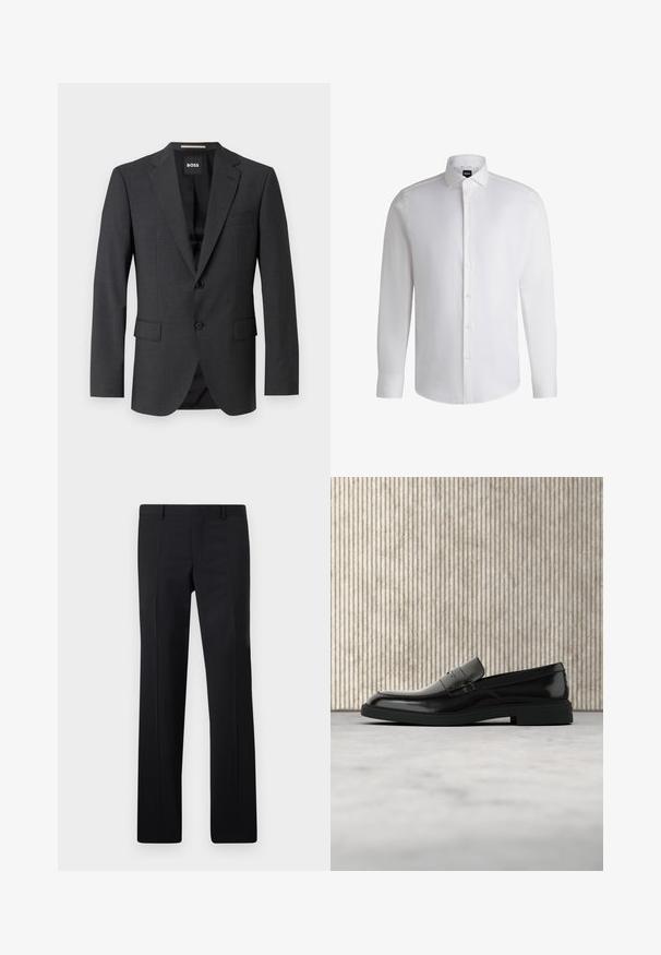 Blazer gris foncé avec un revers classique, deux poches avant, fermeture à un bouton et un tissu texturé subtil. L'intérieur est noir.; Chemise blanche à manches longues en coton lisse, dotée d'un col classique, d'une patte de boutonnage complète et de poignets à bouton. Design minimaliste.; Pantalons noirs ajustés avec une coupe droite, des plis marqués et une finition lisse. Fabriqués en tissu léger avec une taille nette.; Mocassin en cuir noir poli flottant au-dessus d'un tapis beige avec un mobilier translucide orange en arrière-plan.