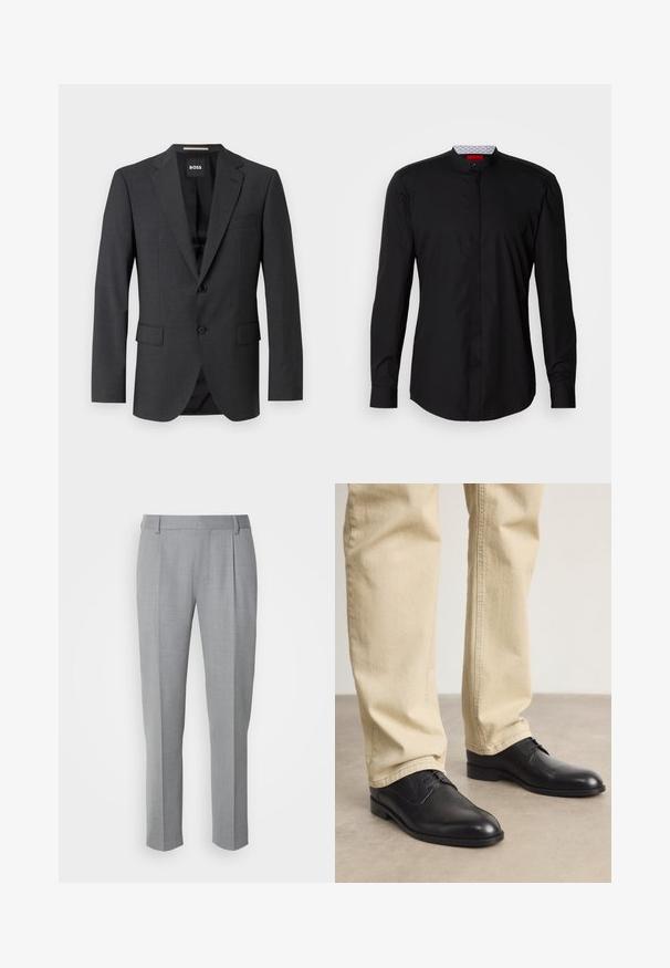Donkergrijze blazer met een klassieke notch lapel, twee voorzakken, een enkele knopen sluiting en subtiele textuurstof. Binnenzijde is zwart.; Zwart shirt met lange mouwen en een mandarijnkraag, gemaakt van een gladde stof, met een knoopsluiting aan de voorkant en subtiele designdetails.; Grijze op maat gemaakte broeken met een gladde textuur, voorzien van een platte voorkant, rechte pijpen en subtiele plooien voor extra details.; Zwarte leren veterschoenen met een ronde neus, een gladde afwerking en subtiele stikdetails, gedragen met lichtbeige broeken.