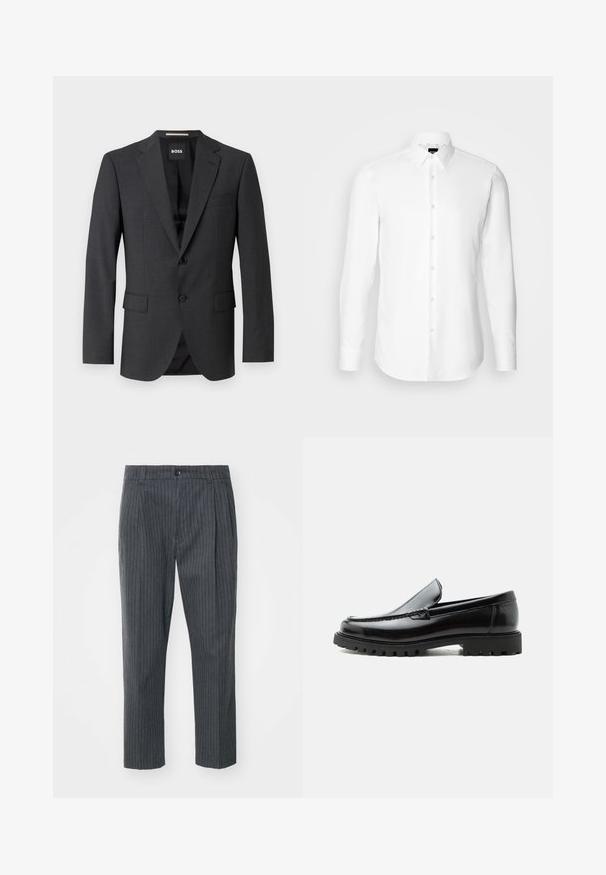 Mørkegrå blazer med klassisk notch-lapel, to forlommer, enkeltknaplukning og subtilt tekstureret stof. Indersiden er sort.; Hvid skjorte med lange ærmer, knaplukning foran, klassisk krave, lavet af glat stof med en subtil tekstur, designet til et tætsiddende udseende.; Grå stribede bukser med lige ben, der har en knaplukning og en glat stofoverflade. Skræddersyet pasform med folder.; Sort læderloafer med chunky gummisål, syet overdel og præget mærkenavn på hælen, vist i sideprofil på hvid baggrund.
