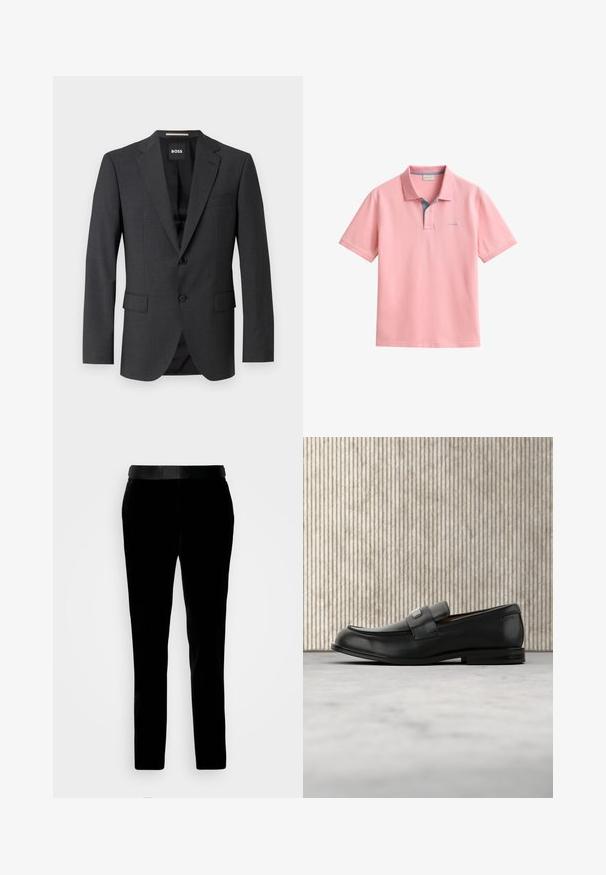 Blazer gris foncé avec un revers classique, deux poches avant, fermeture à un bouton et un tissu texturé subtil. L'intérieur est noir.; Polo rose à manches courtes avec col plié, patte à deux boutons et petit logo "GANT" sur la poitrine.; Pantalon en velours noir à coupe ajustée, texture lisse et ceinture assortie. Il présente des jambes droites et des poches latérales.; Mocassin en cuir noir avec une plaque de marque en métal reposant près d'une table ronde marron sur un sol recouvert de moquette beige.