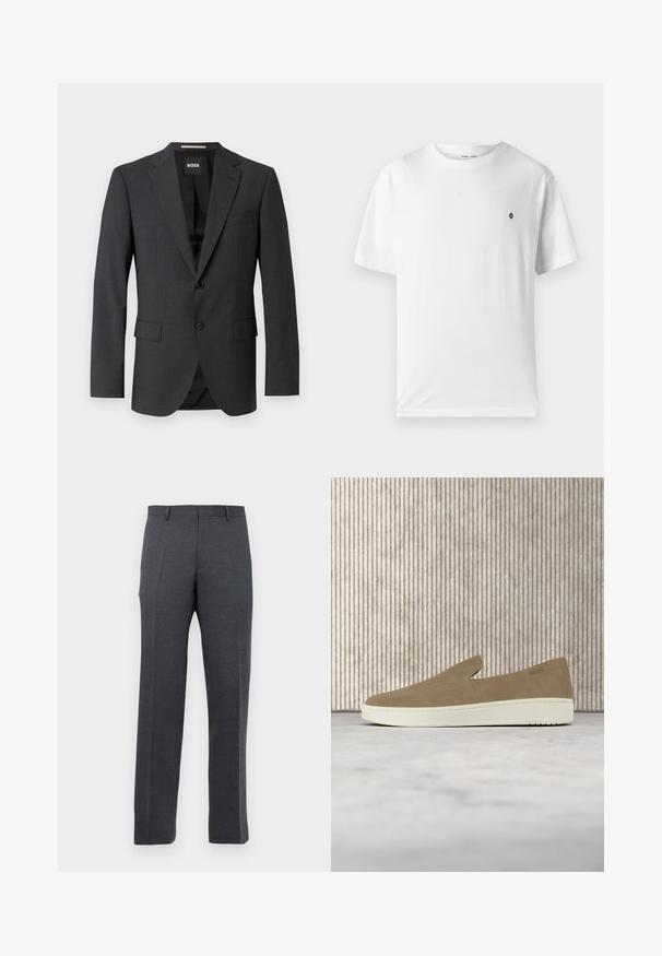 Blazer gris foncé avec un revers classique, deux poches avant, fermeture à un bouton et un tissu texturé subtil. L'intérieur est noir.; T-shirt en coton blanc à col rond, manches courtes, avec un petit logo noir sur la poitrine. Texture douce, coupe décontractée.; Pantalons habillés sur mesure gris foncé pour hommes avec passants de ceinture et plis à l'avant, affichés sur un fond blanc.; Chaussure beige sans lacets avec semelle blanche, présentée en suspension sur un tapis clair avec un mobilier transparent de couleur ambre en arrière-plan.