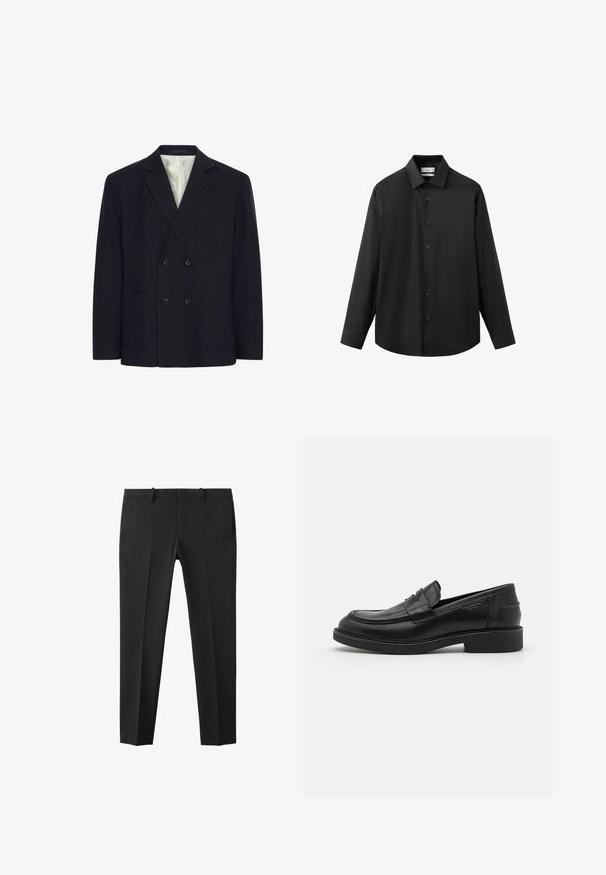 Veste noire croisée à quatre boutons, avec des revers crantés, deux poches avant et doublure intérieure à rayures blanches.; Chemise noire à manches longues avec col pointu, boutons visibles sur le devant et ourlet droit sur fond blanc.; Pantalon de costume noir sur mesure, coupe ajustée, passants de ceinture et plis à l'avant, présenté à plat sur fond blanc.; Mocassins en cuir noir avec un bout arrondi, des coutures ton sur ton et un détail de sangle à l'avant. Semelle en caoutchouc avec un petit talon.