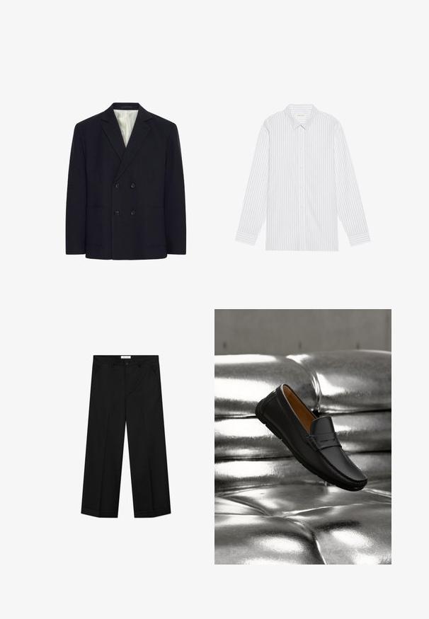 Veste noire croisée à quatre boutons, avec des revers crantés, deux poches avant et doublure intérieure à rayures blanches.; Chemise blanche à boutons avec de fines rayures verticales noires, dotée d'un col classique et de manches longues avec des poignets à boutons.; Pantalon noir à jambes larges en tissu lisse, doté de poches avant, d'une fermeture par bouton et d'un pli marqué sur chaque jambe.; Mocassin en cuir noir flottant au-dessus d’un canapé en cuir argenté brillant capitonné avec un éclairage doux.