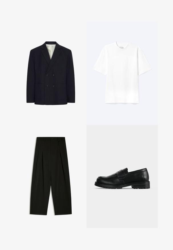 Veste noire croisée à quatre boutons, avec des revers crantés, deux poches avant et doublure intérieure à rayures blanches.; T-shirt blanc uni à manches courtes et col rond avec une coupe décontractée, présenté sur un fond clair.; Pantalon noir à jambes larges avec plis, passants pour ceinture et fermeture par bouton à la taille.; Mocassin en cuir noir avec semelle épaisse et couture moc toe, vu de profil sur un fond uni clair.