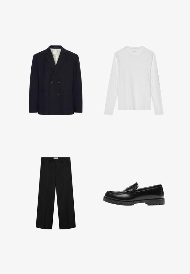 Veste noire croisée à quatre boutons, avec des revers crantés, deux poches avant et doublure intérieure à rayures blanches.; T-shirt blanc à manches longues en coton doux, avec un col rond et une texture lisse sans motifs ni accents visibles.; Pantalon noir à jambes larges en tissu lisse, doté de poches avant, d'une fermeture par bouton et d'un pli marqué sur chaque jambe.; Mocassin en cuir noir avec une semelle en caoutchouc épaisse et un détail classique de bride à monnaie, vu de côté extérieur.