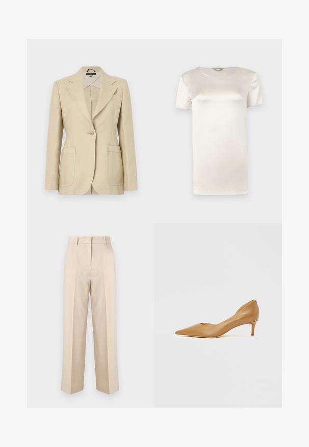 Beige skræddersyet blazer med reverskrave, enkelt knaplukning og to forlommer. Lavet af vævet stof med en glat tekstur.; Kortærmet, elfenbensfarvet satinbluse med rund halsudskæring og glat, blankt stoffinish.; Beige højtaljede skræddersyede bukser med bæltestropper og lige ben, vist mod en ensartet hvid baggrund.; Spids-tå tan læderpumpe med lille hæl, der har et udskåret design på siden for ekstra detaljer og glat tekstur.