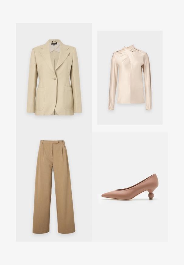 Beige skræddersyet blazer med reverskrave, enkelt knaplukning og to forlommer. Lavet af vævet stof med en glat tekstur.; Rabanne Langærmet T-shirt - skin nude; Vidde bukser i lys brun, lavet af tekstureret stof. Har frontplisser og en tætsiddende talje. Simpelt design uden synligt hardware.; Weekend Max Mara RENZA - Pumps - nudo