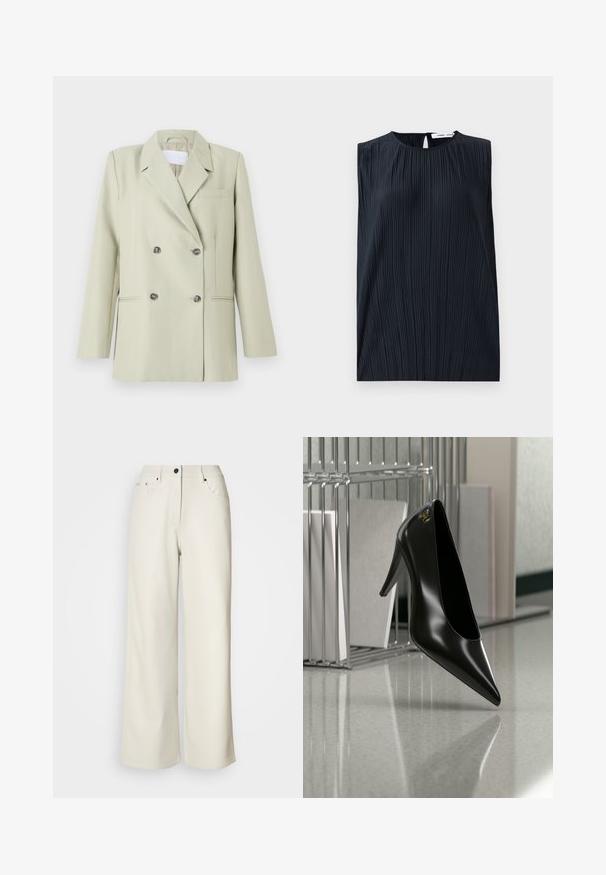 Blazer croisé en tissu vert clair. Présente des revers crantés, une poche poitrine et deux poches avant avec des boutons foncés.; Haut sans manches noir avec un col rond et un dos en trou de serrure. Présente des plis verticaux pour ajouter de la texture. Tissu lisse avec un léger éclat.; Pantalons larges de couleur crème en tissu lisse. Dotés d'une taille mi-haute, d'une fermeture éclair et de deux poches avant avec des accents en matériel noir.; Chaussure noire à talon haut avec bout pointu et logo doré, posée sur une surface réfléchissante près d'un organiseur de dossiers en fil chromé contenant des documents.
