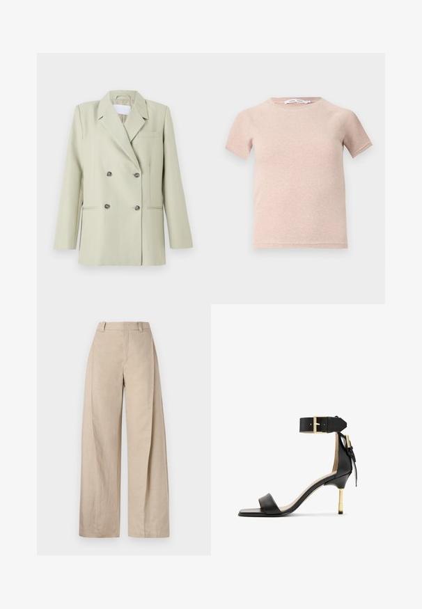 Blazer croisé en tissu vert clair. Présente des revers crantés, une poche poitrine et deux poches avant avec des boutons foncés.; T-shirt à manches courtes rose clair en tissu côtelé, avec un col rond et une coupe décontractée. Design simple et sans couture.; Pantalons larges en lin beige à taille haute, avec une texture lisse et des lignes épurées, conçus pour un ajustement décontracté.; Sandale à talon en cuir noir avec un bout carré, une bride de cheville dotée d'une boucle en or et un talon métallique fin. Texture lisse, design minimaliste.