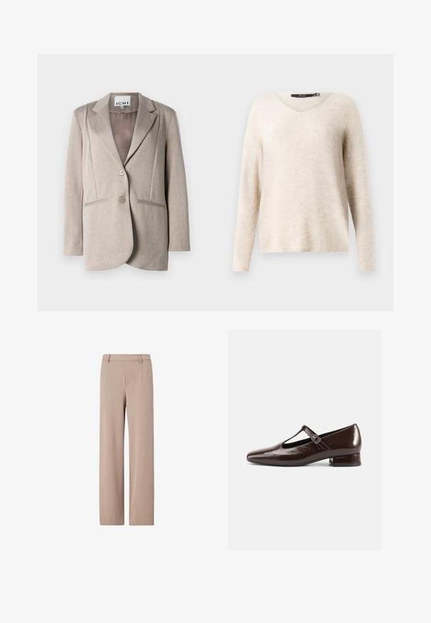 Lys grå hørgarn blazer med en blød tekstur, kraagede lapeller, to knapper og sidelommer. Foret indre i en ensfarvet farve.; Beige v-hals sweater med lange ærmer, lavet af tekstureret strikstof. Har en afslappet pasform og ribbede detaljer langs kanterne.; Beige bukser med høj talje og brede ben med bæltestropper, frontplissering og skjult frontlukning.; Brune Mary Jane-sko i laklæder med en rundet tå, udskæringsdesign og justerbar rem. Lav blokhæl.