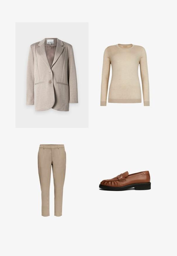 Lys grå hørgarn blazer med en blød tekstur, kraagede lapeller, to knapper og sidelommer. Foret indre i en ensfarvet farve.; Beige langærmet sweater lavet af blødt materiale med rund halsudskæring, ribbede manchetter og en tætsiddende silhuet. Ingen synlige mønstre eller accenter.; Beige skræddersyede, smalle bukser med bæltestropper, sidelommer og lynlås foran.; Brune læderloafer med en glat overflade, rund tå, frontrem detalje og lav sort gummihæl.