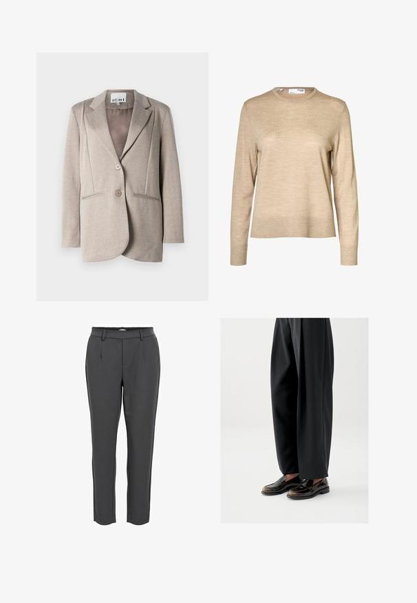 Blazer de espiga en gris claro con una textura suave, solapas de muesca, dos botones y bolsillos laterales. Interior forrado en un color sólido.; Jersey de lana beige de manga larga con cuello redondo y puños y bajo acanalados, mostrado sobre un fondo blanco.; Pantalones oscuros de corte ajustado con una textura suave, que cuentan con una cinturilla elástica, dos pliegues frontales y un diseño de longitud hasta el tobillo.; Mocasines negros con acabado de cuero brillante, con una correa decorativa en la parte superior, combinados con pantalones negros de corte holgado.