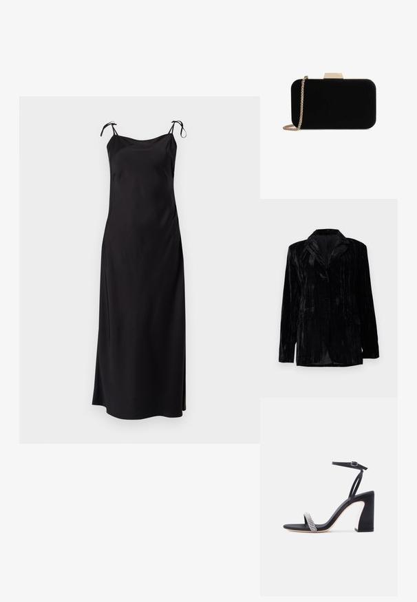 Chaqueta de terciopelo negro con textura de rayas verticales, solapas con muesca, dos bolsillos frontales y cierre de un solo botón. Corte entallado.; Vestido negro midi con finas tirantes ajustables, tela suave, corte recto y abertura lateral para facilitar el movimiento. Sin patrones discernibles.; Sandalia negra de tacón alto con correa en el tobillo y tira de strass brillante en los dedos, sobre fondo blanco.; Clutch de terciopelo negro con herrajes en tono dorado, de forma rectangular y con correa de cadena, que presenta una textura suave y sin patrones visibles.