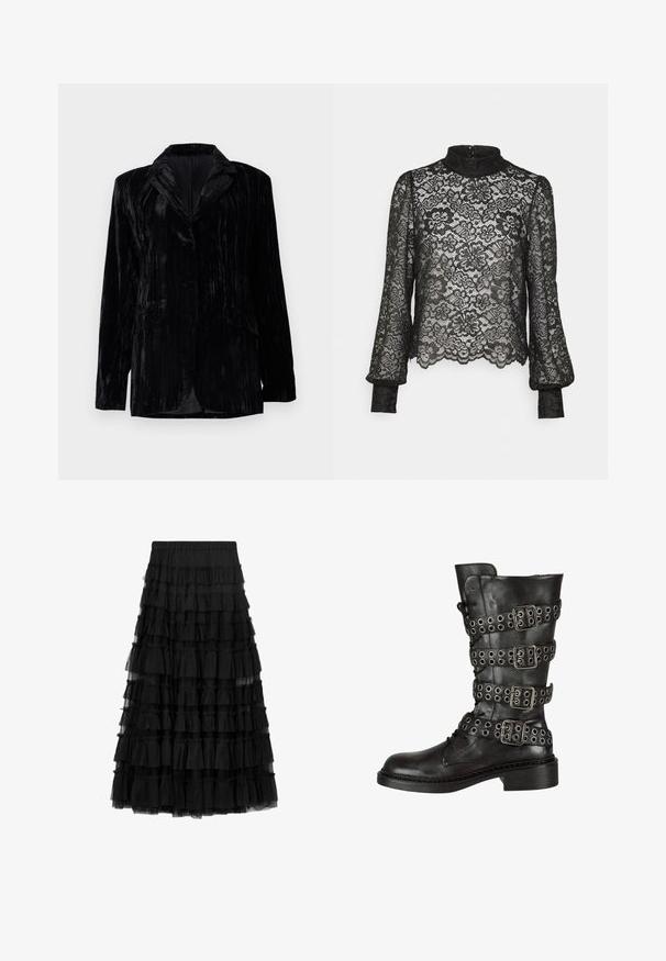 Schwarze Samtjacke mit senkrechtem Streifenmuster, Reverskragen, zwei vorderen Taschen und einem Einzelknopfverschluss. Taillierte Passform.; Pieces Petite PCMARIKA - Bluse - black; Schwarzer Stufenrock aus Tüll mit mehreren gerafften Lagen und einem elastischen Bund, mit transparenter Textur und knielangem Design.; Schwarze Leder-Knielange Stiefel mit mehreren silbernen Schnallen und Ösen, runder Zehenform und niedrigem Blockabsatz. Mit strukturiertem Finish.
