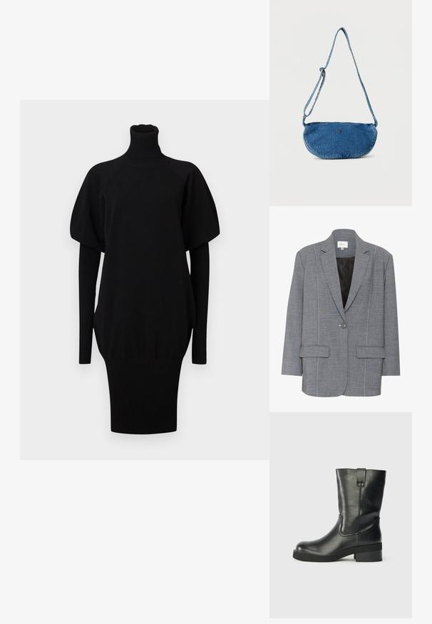 Grå blazer lavet af strukturstof med hvid syning, to frontlommer og en enkelt knaplukning. Fodret inderside i sort.; Sort strikket kjole med høj polokrave, korte pufærmer og lange ribbede ærme-detaljer, der har en tætsiddende ribbet nederdel.; Sort læderstøvle til midt på læggen med en lav blokhæl, rund tå og en løftestrop på siden mod en ensfarvet baggrund.; Blå denim crossbody taske med justerbar rem og lille metallisk logo foran, vist mod hvid baggrund.