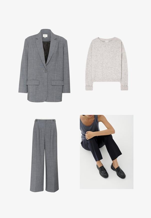 Blazer gris en tissu texturé avec des coutures blanches, deux poches avant et une fermeture à un bouton. Doublure intérieure noire.; Pull gris clair en maille à manches longues avec col rond et poignets et ourlet côtelés, posé à plat sur un fond blanc.; Pantalons gris à jambe large en tissu texturé, dotés d'une fermeture à double bouton et de plis à l'avant pour un détail de design supplémentaire.; Mocassins en cuir noir avec accents texturés, talon bas, bout arrondi, et coutures visibles. Modèle portant un pantalon sombre et un haut gris.