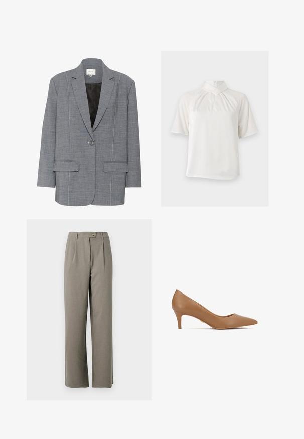 Blazer gris en tissu texturé avec des coutures blanches, deux poches avant et une fermeture à un bouton. Doublure intérieure noire.; Blouse blanche à manches courtes avec un col montant croisé et des plis près de l'encolure sur un fond uni.; Pantalons larges gris clair avec une texture lisse, présentant des plis avant, une fermeture à bouton et deux poches latérales.; Escarpin en cuir marron à talon haut avec un bout pointu et un petit talon. Présente une texture lisse et un discret accent doré sur le côté.