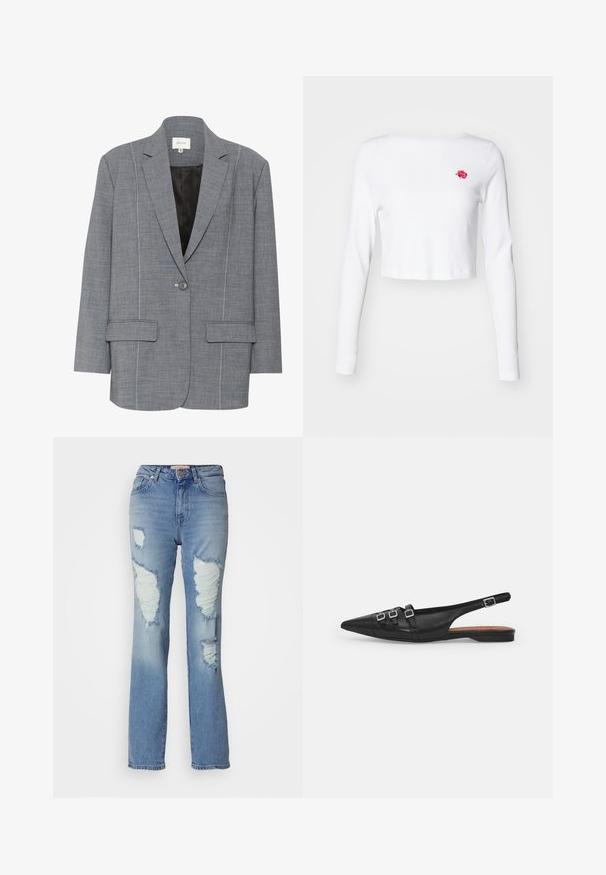 Grå blazer lavet af strukturstof med hvid syning, to frontlommer og en enkelt knaplukning. Fodret inderside i sort.; Hvid cropped langærmet top lavet af blødt stof, med en lille pink rose broderet på venstre bryst. Simpelt design, ingen mønstre.; Lysblå, højtaljede jeans med et lige ben design. Har fremtrædende revner og frayed kanter foran, lavet af denim stof.; Sort læderslyngeflad sko med spids tå, der har to vandrette stropper og firkantede sølvspænder, lav hæl og glat tekstur.