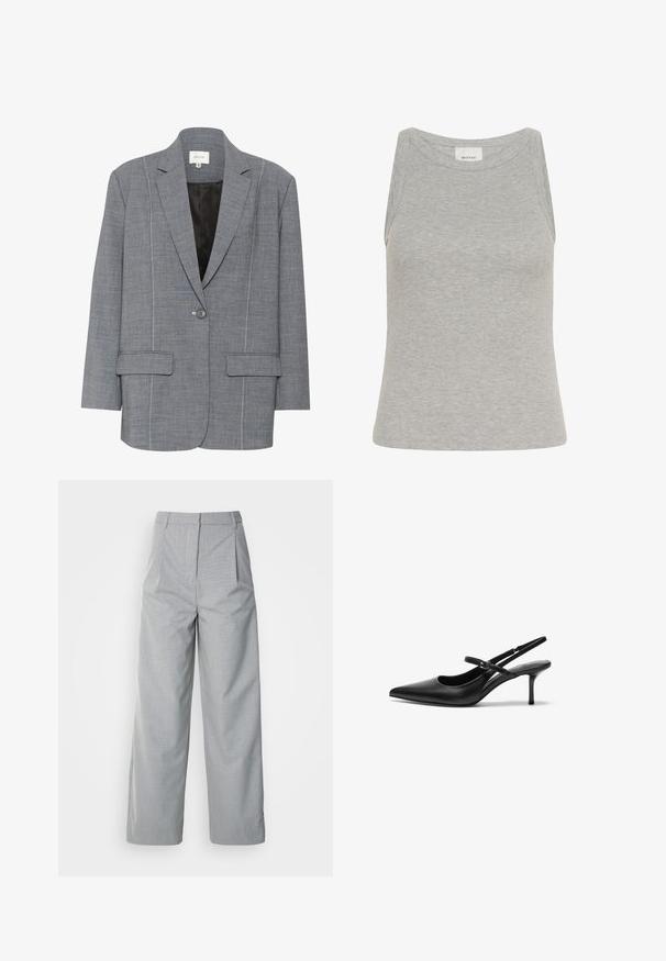 Grå blazer lavet af strukturstof med hvid syning, to frontlommer og en enkelt knaplukning. Fodret inderside i sort.; Grå ribbet tanktop med rund halsudskæring og ærmeløs design. Fremstillet af blødt stof, har en tætsiddende silhuet og minimale syninger.; Grå bredebukser lavet af tekstureret stof, med høj talje, læg foran og en lige pasform ned til kanten.; Sorte læder slingback hæle med spids tå, slank justerbar rem og en stiletto hæl på cirka 5 cm, glat tekstur.