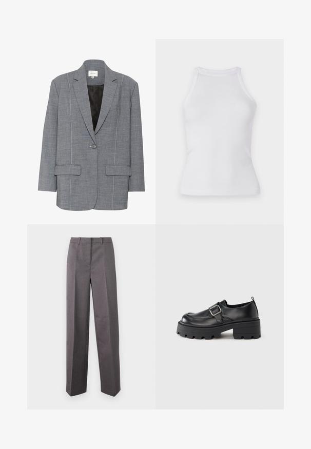 Blazer gris en tissu texturé avec des coutures blanches, deux poches avant et une fermeture à un bouton. Doublure intérieure noire.; Débardeur blanc à côtes avec un design ajusté, encolure ronde et sans manches. Fabriqué en tissu extensible pour un confort optimal et une liberté de mouvement.; Pantalon tailleur gris en tissu texturé, avec une coupe droite, un devant plat et des passants de ceinture.; Chaussures compensées en cuir noir avec un bout arrondi, une large boucle décorative sur le côté, et une semelle en caoutchouc texturée.