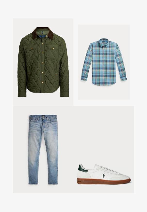 Gestept olijfgroen jasje met bruine corduroy kraag, gouden drukknopen, twee borstflapzakken en twee zijzakken.; Overhemd met knoopsluiting in blauw-groen ruitpatroon, met lange mouwen, een kraag en een klein logo op de borst. Gemaakt van een katoenmix.; Lichtblauwe denim jeans met een vervaagde afwerking, vijfzakkenontwerp en contrasterende stiksels. Heeft een ritssluiting en riemlussen. Rechte snit.; Witte leren sneaker met groene hielaccent, textuur van suède panel, rubberen zool en geborduurd logo op de zijkant. Voorzien van een vetersluiting.