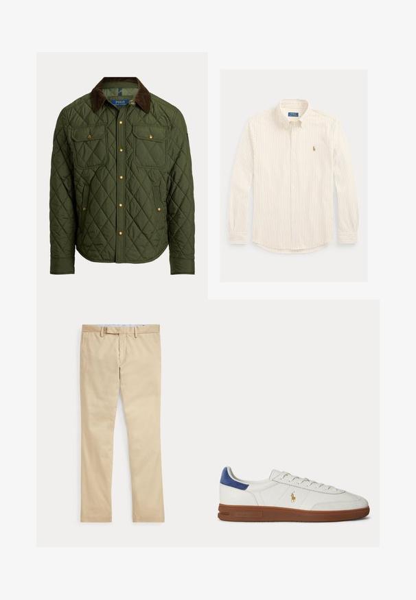 Chaqueta acolchada verde oliva con cuello de pana marrón, botones de presión dorados, dos bolsillos con solapa en el pecho y dos bolsillos laterales.; Camisa de manga larga con botones, rayas verticales beige y blancas y con el logo bordado de Polo Ralph Lauren en el pecho izquierdo.; Pantalones beige de corte recto con trabillas para cinturón y cremallera frontal, colocados planos sobre un fondo blanco.; Zapatilla blanca de caña baja con suela marrón, lengüeta azul en el talón, cordones y logo dorado de Polo Ralph Lauren en el lateral.