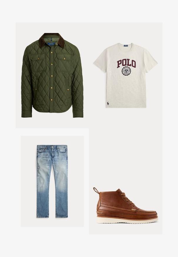 Chaqueta acolchada verde oliva con cuello de pana marrón, botones de presión dorados, dos bolsillos con solapa en el pecho y dos bolsillos laterales.; Camiseta de manga corta y cuello redondo de color gris claro con "POLO" en letras grandes color burdeos y un emblema circular de Polo Ralph Lauren New York debajo.; Vaqueros de mezclilla de color azul claro con un lavado desgastado, detalles raspados, salpicaduras de pintura, diseño tradicional de cinco bolsillos y ajuste de pierna recta.; Botín de cuero marrón con suela de goma blanca, cordones delanteros y lengüeta trasera, mostrado sobre un fondo claro liso.