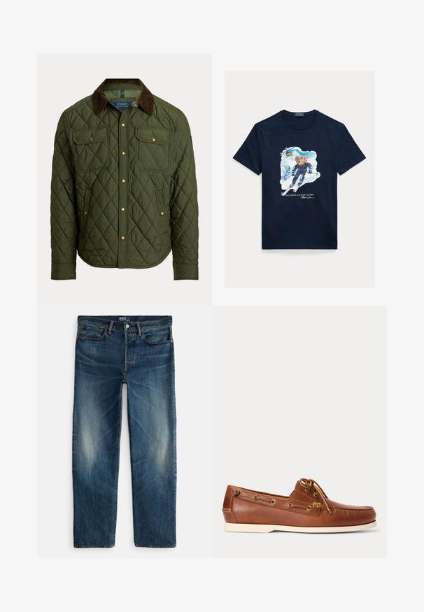 Chaqueta acolchada verde oliva con cuello de pana marrón, botones de presión dorados, dos bolsillos con solapa en el pecho y dos bolsillos laterales.; Camiseta de algodón azul marino con un gráfico de un oso esquiando, con gafas de protección, un helicóptero arriba y montañas nevadas al fondo.; Pantalones vaqueros de mezclilla azul índigo con diseño de pierna recta, estilo de cinco bolsillos y un sutil desvanecimiento en los muslos. Cierre con botón de metal y cremallera.; Zapato náutico de cuero marrón con suela blanca, cordones atados en la parte superior y ojales metálicos a lo largo de los lados y la costura delantera.