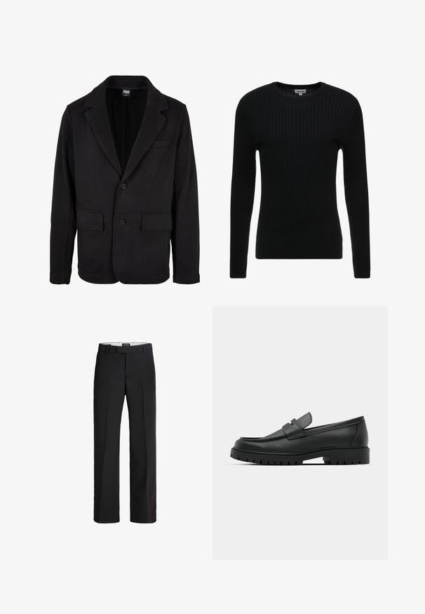Schwarze Blazerjacke aus weichem Stoff mit einem Reverskragen, zwei Fronttaschen und einer Zwei-Knopf-Verschluss. Klassisches Design mit minimaler Textur.; Schwarzer gerippter Langarmpullover mit Rundhalsausschnitt; texturiertes Gewebe mit vertikalen Streifen; figurbetonte Silhouette; keine sichtbaren Verzierungen oder Akzente.; Schwarze Hosen mit maßgeschneiderter Passform; verfügen über einen flachen Bund, zwei seitliche Taschen und eine glatte Textur; hergestellt aus einem leichten, atmungsaktiven Material.; Schwarze Lederloafer mit runder Zehenform, ausgestattet mit einem gesteppten Design, niedrigem Plattformsohle und einer strukturierten, genoppten Gummisohle.