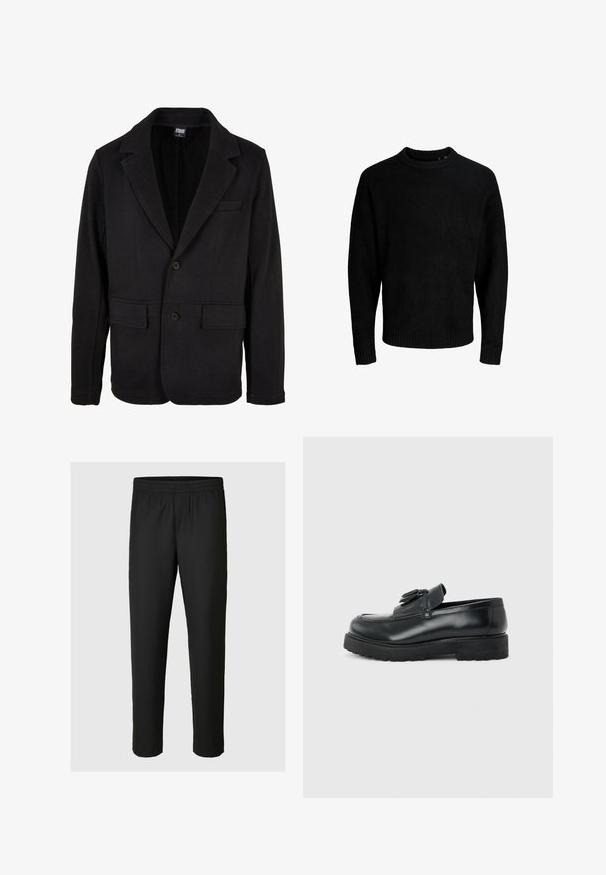 Blazer negro hecho de una tela suave con cuello con muesca, dos bolsillos frontales y cierre de dos botones. El diseño clásico presenta una textura mínima.; Suéter negro, escote redondo, mangas largas, puños y dobladillo de canalé, textura suave, color sólido, diseño minimalista.; Pantalones negros, ligeros, con una cintura elástica y piernas ajustadas, con una textura suave y sin adornos ni patrones visibles.; Mocasín de cuero negro con borlas, suela de caucho gruesa y tacón bajo, mostrado de perfil sobre un fondo liso.