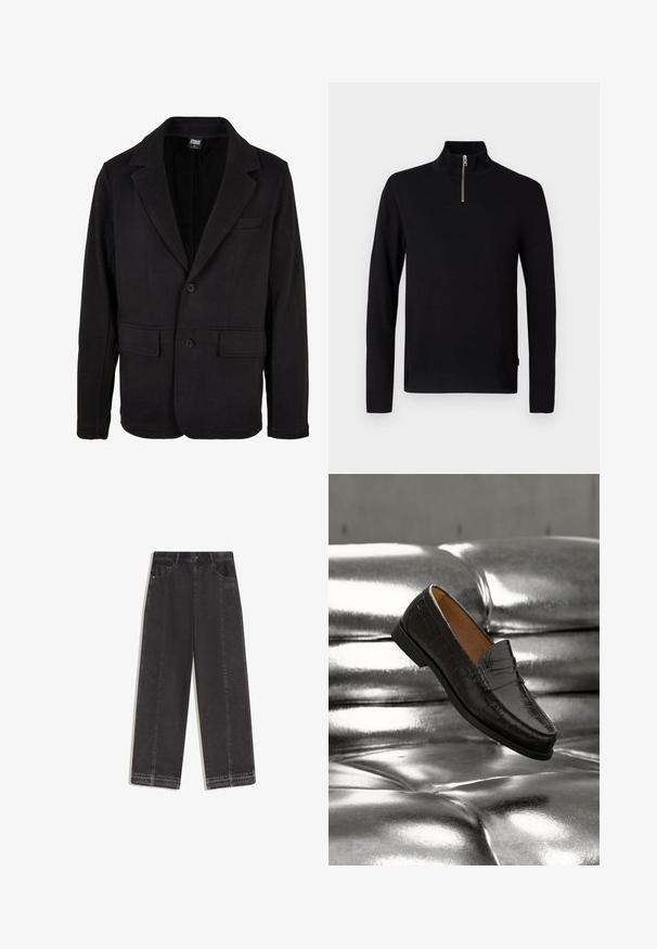 Sort blazerjakke lavet af blødt stof med klapkrave, to forlommer og to-knaps lukning. Klassisk design med minimal struktur.; Sort langærmet sweater med høj krave og en kort sølv lynlås i midten foran.; Sorte viddebukser i jeans med høj talje, forlommer, frynser på kanten og subtilt "ODD SUPPLY"-logo på højre lommeområde.; Sort lædersko med krokodillemønster, svævende over en skinnende sølvfarvet sofa med knapper, der fremhæver skoens detaljer og tekstur i nærbillede.