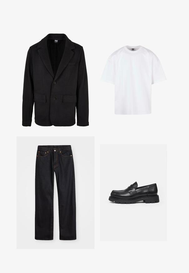 Sort blazerjakke lavet af blødt stof med klapkrave, to forlommer og to-knaps lukning. Klassisk design med minimal struktur.; Hvid kortærmet t-shirt med rund hals, lavet af bomuldsmateriale, der har en afslappet pasform og minimale syningsdetaljer.; Mænds lige ben sorte denim jeans med fem lommer og orange syninger, knap- og lynlåslukning foran på taljen.; Sort læderloafer med tyk rillede sål og penny-remdetalje, vist i højre sideprofil på hvid baggrund.